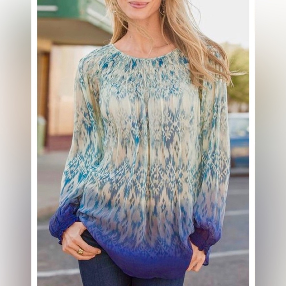 Sundance Blue and Cream Ombre Silk Blouse Size S